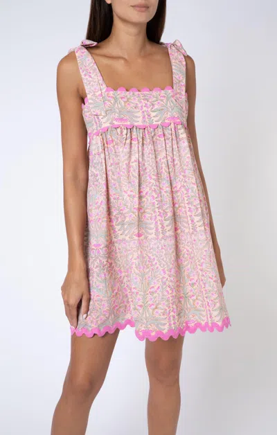 Juliet Dunn Floral Print Tie Baby Doll Dress W/ric Rac Trim Peach/pink In Multi