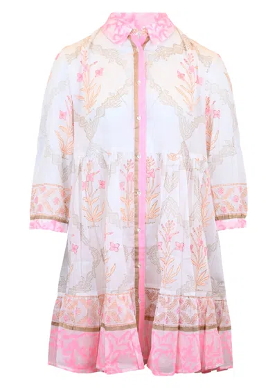 Juliet Dunn Frill Shirt Dress In Cage Block Print In White/pink Grapefruit