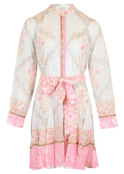 Juliet Dunn Godet Dress In Cage Block Print White/pink Grapefruit