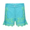 Juliet Dunn High Waisted Shorts With Lotus Embroidery-lined Aqua/neon Yellow In Blue