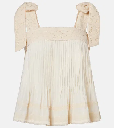 Juliet Dunn Lace-trimmed Cotton Top In Neutral