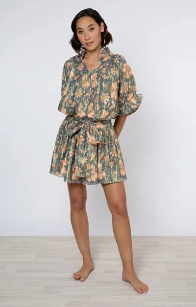 Juliet Dunn Lamé Blouson Dress With Floral Block Print In Multi
