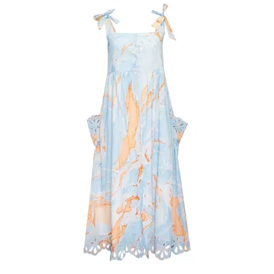 Juliet Dunn Marble Print Tie Shoulder Dress W/cut Out Embro Blue/peach