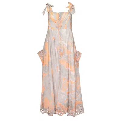 Juliet Dunn Marble Print Tie Shoulder Dress W/cut Out Embro Pink/peach In Multi