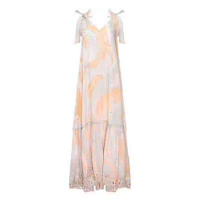 Juliet Dunn Marble Print V-front Maxi Dress W/cut Out Embro Blue/peach