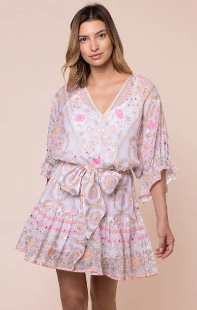 Juliet Dunn Mexican Print With Mirrors Tie Waist Mini Dress White/pink