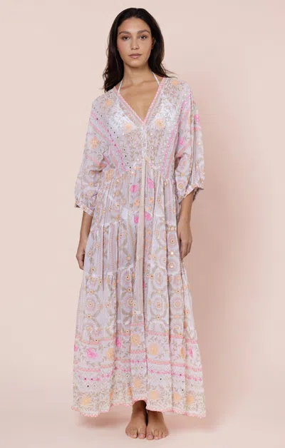 Juliet Dunn Mexican Print With Mirrors V-neck Loose Maxi Dress White/pink