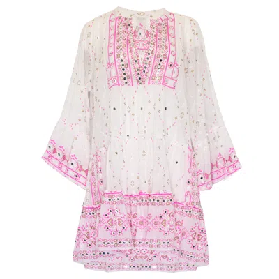 Juliet Dunn Mosaic Dress: Flared Sleeve With Gold &amp; White Embroidery