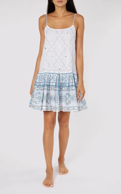 Juliet Dunn Mosaic Printed Mirror-appliquéd Strappy Cotton Mini Dress In White