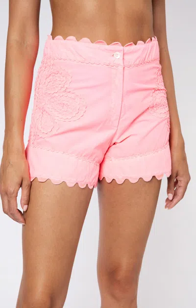 Juliet Dunn Neon Poplin High Waisted Shorts W/ric Rac Embro Washed Coral In Pink