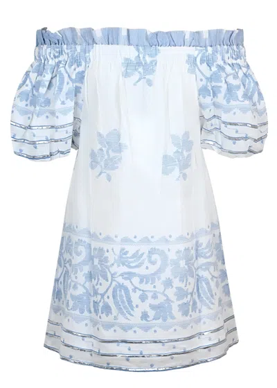 Juliet Dunn Off-shoulder Mini Dress Dhaka Print White/electric Blue