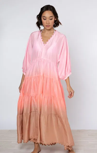 Juliet Dunn Ombre Dyed V-neck Loose Maxi Dress With Ric Rac Trim Coral In Pink