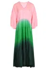 Juliet Dunn Ombre Dyed V-neck Loose Maxi Dress With Ric Rac Trim Green In Multi