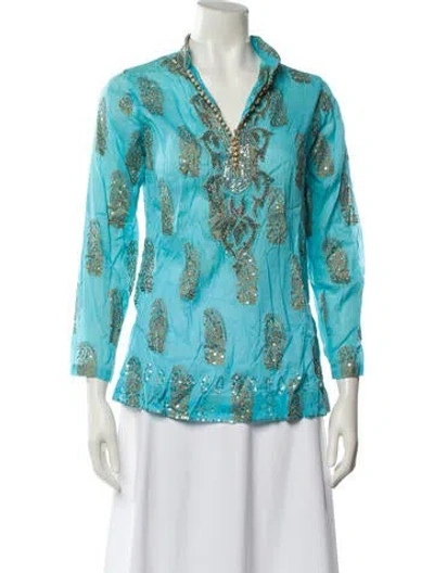 Pre-owned Juliet Dunn Paisley Print V-neck Blouse In Blue