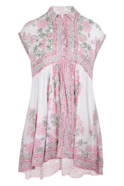 Juliet Dunn Poncho Shirt Dress Rose Border Block Print With Slip White/lipstick