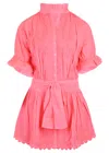 Juliet Dunn Poplin Blouson Dress With Ric Rac Embroidery In Watermelon In Pink