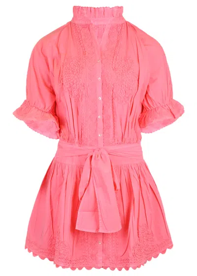 Juliet Dunn Poplin Blouson Dress With Ric Rac Embroidery In Watermelon In Pink