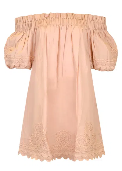 Juliet Dunn Poplin Off-shoulder Mini Dress With Ric Rac Embroidery In Bronze In Neutral