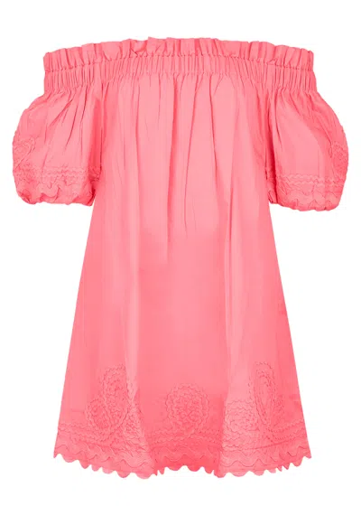 Juliet Dunn Poplin Off-shoulder Mini Dress With Ric Rac Embroidery In Watermelon In Pink