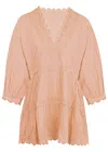 Juliet Dunn Poplin V-neck Tiered Mini Dress With Ric Rac Embroidery In Bronze In Pink