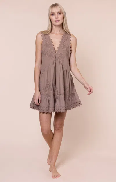 Juliet Dunn Poplin V-back Mini Dress With Ric Rac Embroidery Mocha In Brown