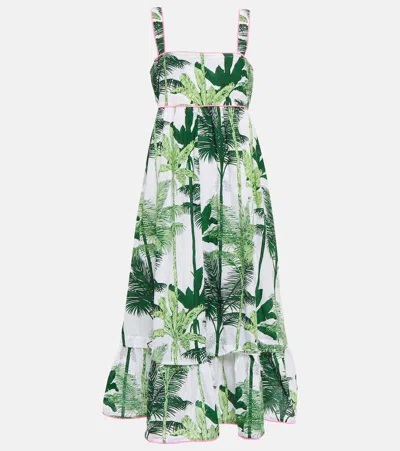 Juliet Dunn Palm-print Cotton Midi Dress In Greens/ Neon Pink