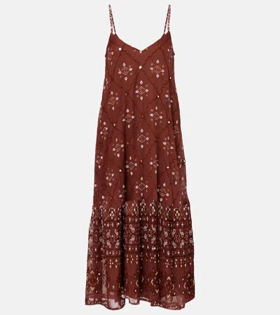 Juliet Dunn Printed Cotton Slip Dress In Chocolate