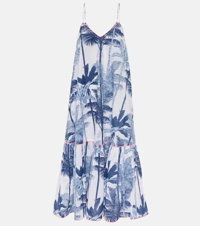 Juliet Dunn Printed Cotton Slip Midi Dress In Blues/neon Fuschia
