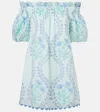 Juliet Dunn Printed Off-shoulder Cotton Minidress In Blue
