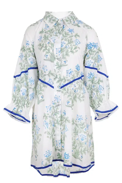 Juliet Dunn Raglan Shirt Dress In Japanese Flower Print-slip White/blue/sage