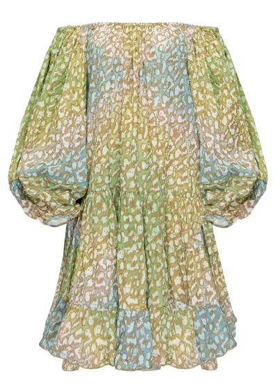 Juliet Dunn Tie Dye Boho Layer Dress With Snow Leopard Print Green Lime/turq