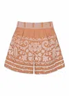 Juliet Dunn Wide Hem Shorts With Dhaka Print &amp; Silver Trim Pecan &amp; White In Brown
