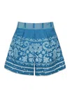 Juliet Dunn Wide Hem Shorts With Dhaka Print &amp; Silver Trim Petrol &amp; White In Blue