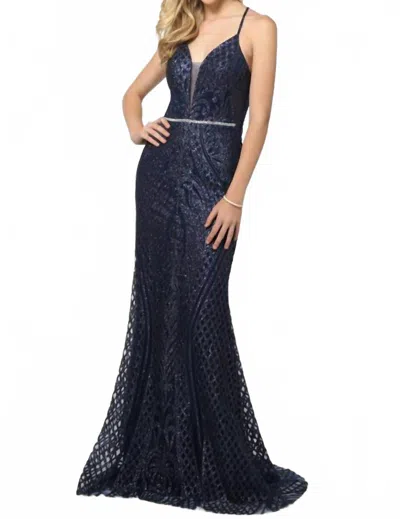 Juliet Fitted Criss Cross Back Evening Dress In Blue