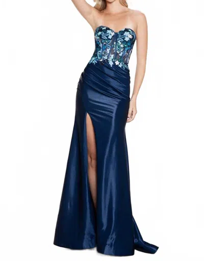 Juliet Floral Strapless Corset Gown In Navy Blue