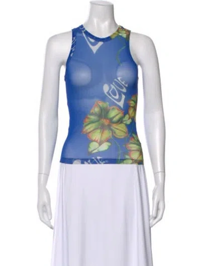 Pre-owned Juliet Johnstone Floral Print Crew Neck Top In Blue
