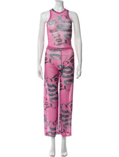 Pre-owned Juliet Johnstone Graphic Print Mesh Accents Pant Set In Pink