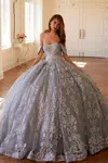 Juliet Jt1488h Long Ball Gown Glitter Print Quinceanera Dress In Silver