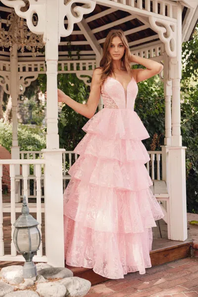 Juliet Jt2438k Long Formal Glitter Ruffle Skirt Prom Dress In Pink