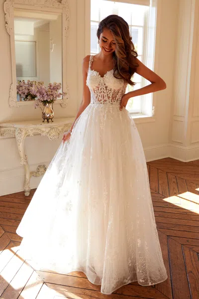Juliet Jt2495aw Long A Line Floral Lace Wedding Dress In White