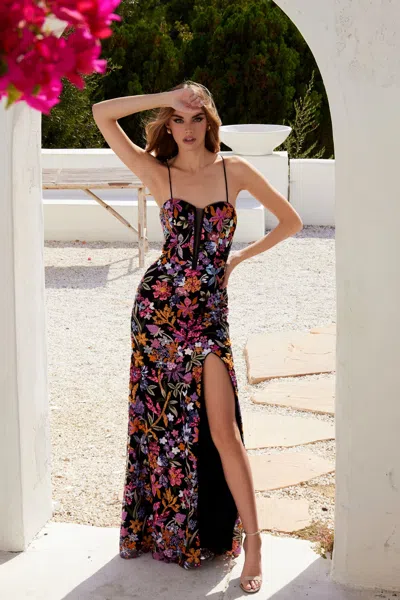 Juliet Jt2498a Prom Long Sequin Print Fitted Formal Dress In Black