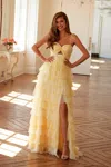 Juliet Jt2508a Long Formal A Line Tiered Printed Prom Dress In Yellow