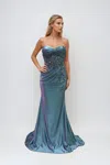 Juliet Jt2532k Prom Long Beaded Ruched Formal Sequin Dress In Blue
