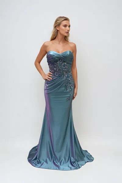 Juliet Jt2532k Prom Long Beaded Ruched Formal Sequin Dress In Blue
