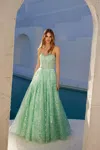 Juliet Jt2547s Prom Long A Line Formal Glitter Print Evening Dress In Green