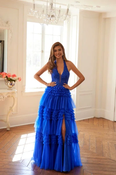 Juliet Jt2556s Ruffled A Line Long Formal Lace Applique Prom Dress In Blue