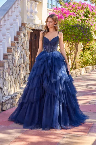Juliet Jt2611n Corset Beaded Long Formal Glitter Ruffle Ball Gown Prom Dress In Blue