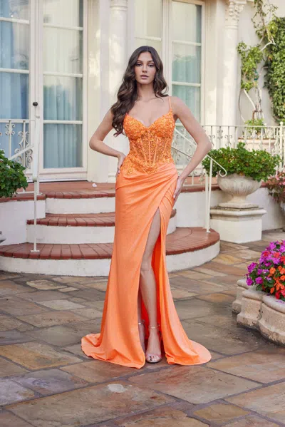 Juliet Jt2613n Floral Long Formal Fitted Evening Prom Dress In Orange