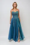 Juliet Jt2882c Fitted Long Slit Beaded Sequin Prom Dress In Blue