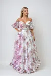 Juliet Jt2887c A Line Long Formal Printed Ruffle Prom Dress In White